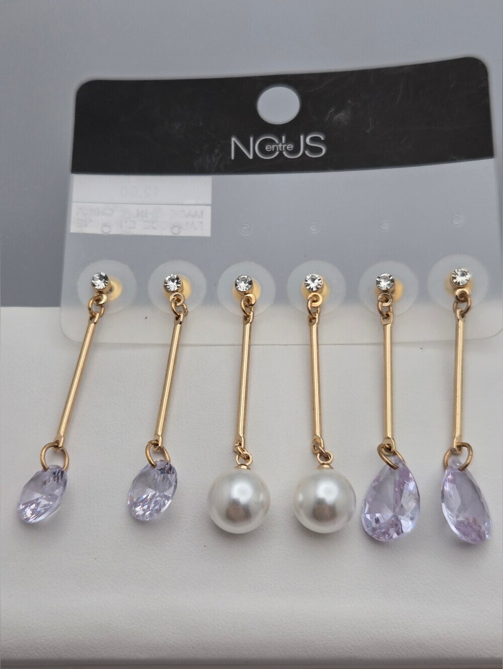 3 Pair Gold Tone Linear Drop Earring Set Crystal Pearl Lavender Gem New